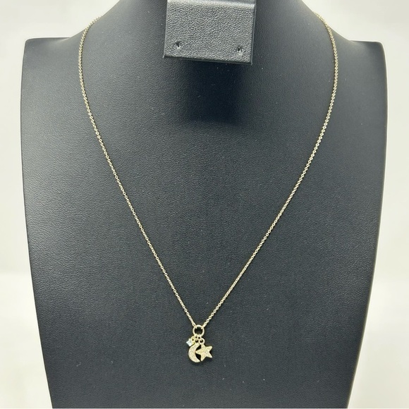 Vintage Monet Gold Tone Chain Pendant Necklace Crescent Moon & Star Rhinestones - Picture 2 of 8